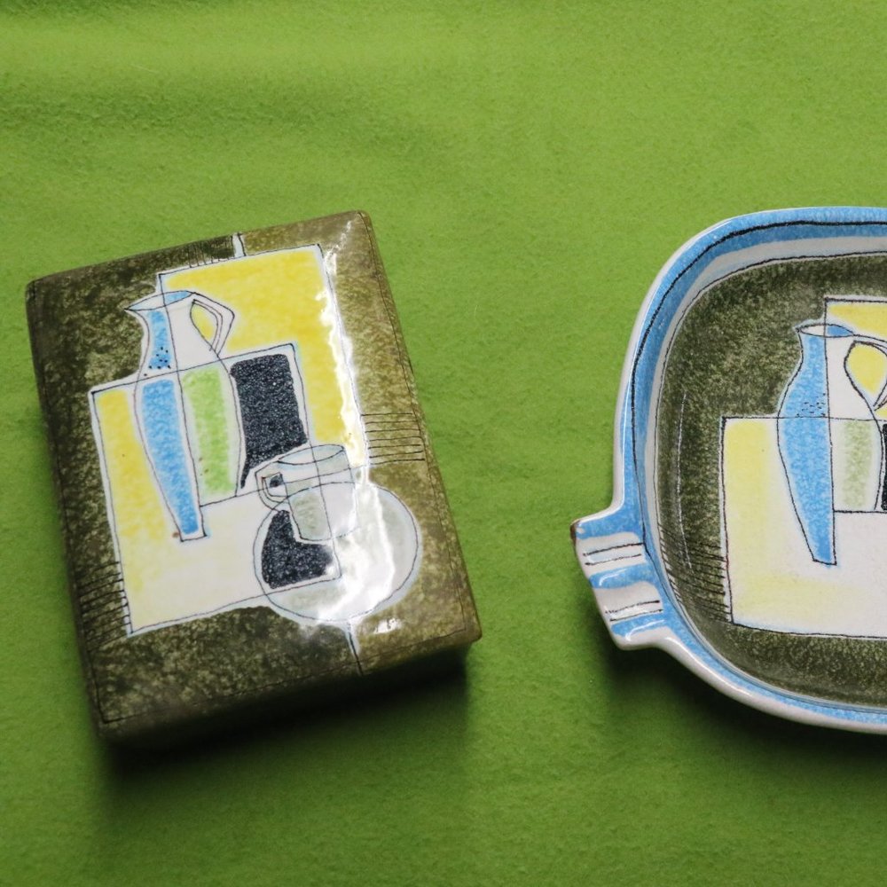 VINTAGE CERAMIC SMOKING SET ITALY SIGNED RAYMOR, ITALY; NUMBERED Mid Century Mod